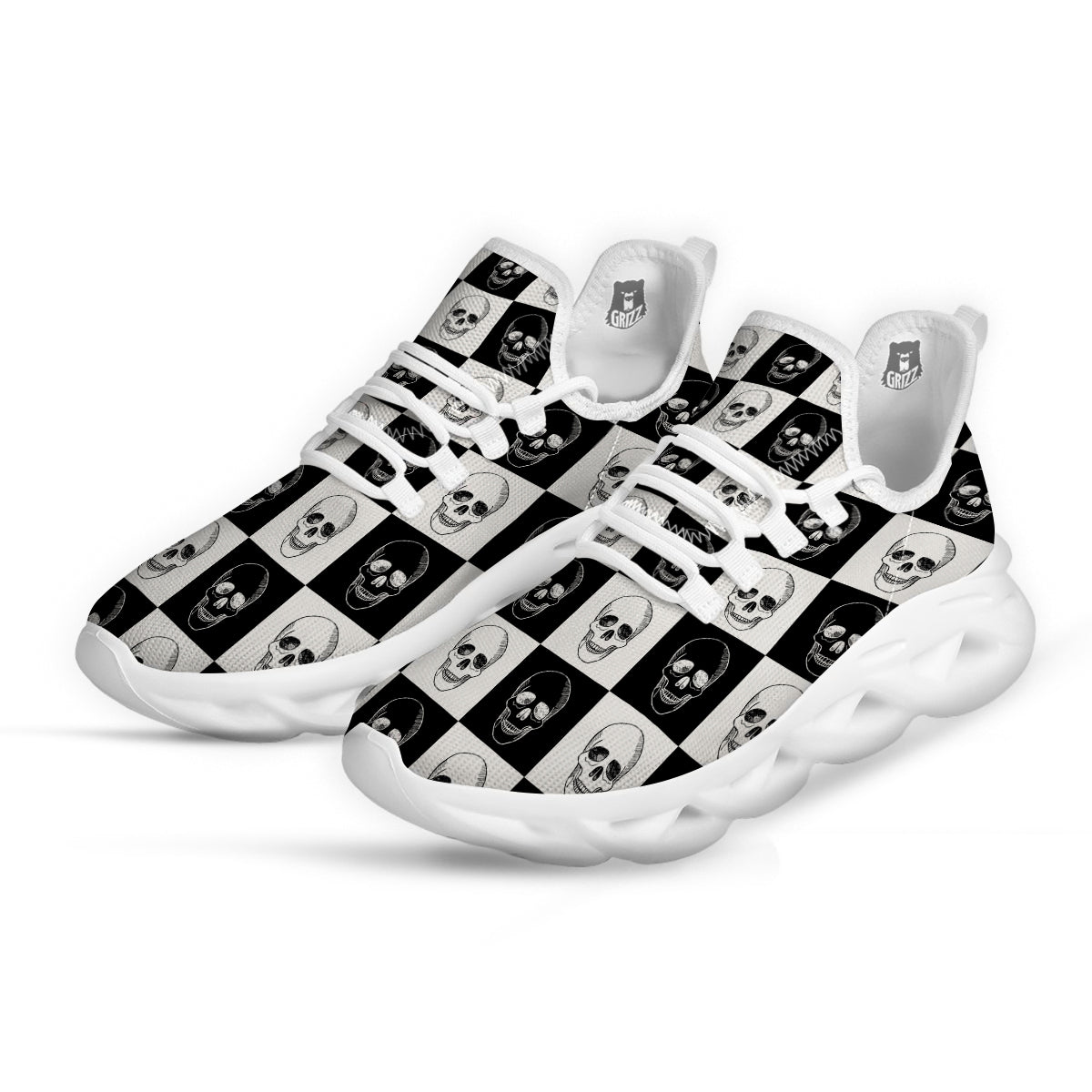 Skull Checkered Print Pattern White Running Shoes-grizzshop