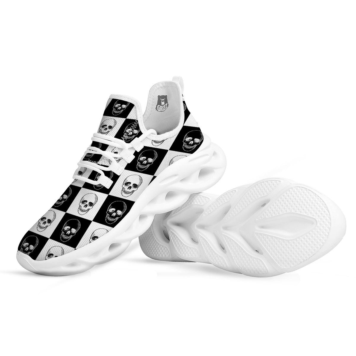 Skull Checkered Print Pattern White Running Shoes-grizzshop