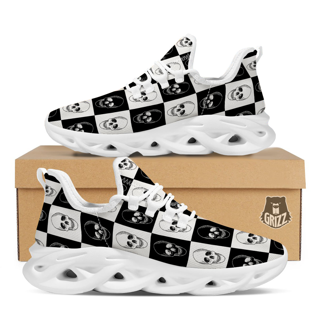 Skull Checkered Print Pattern White Running Shoes-grizzshop