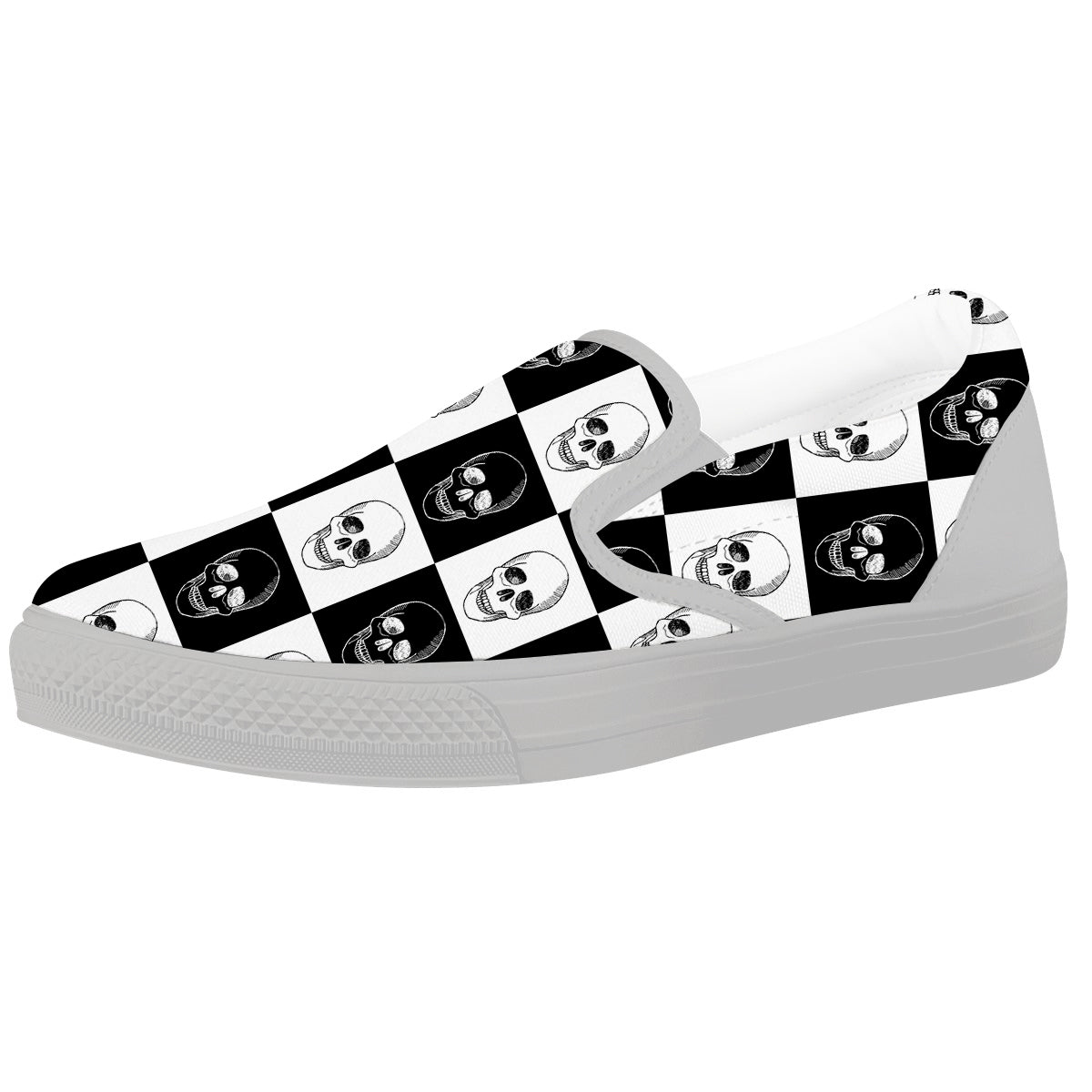 Skull Checkered Print Pattern White Slip On Shoes-grizzshop