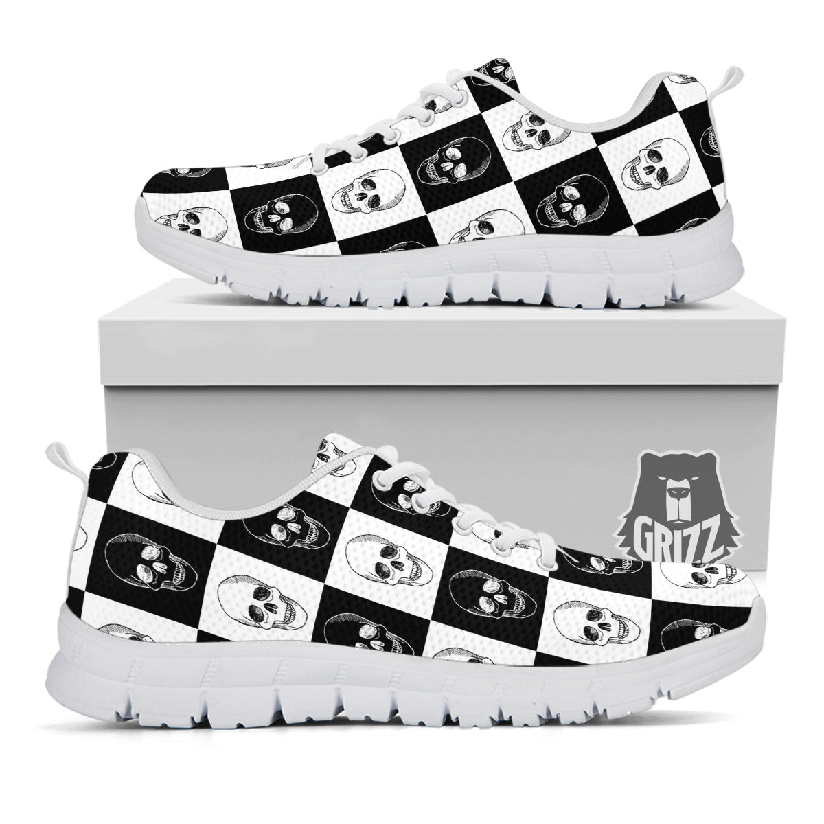 Skull Checkered Print Pattern White Sneaker-grizzshop