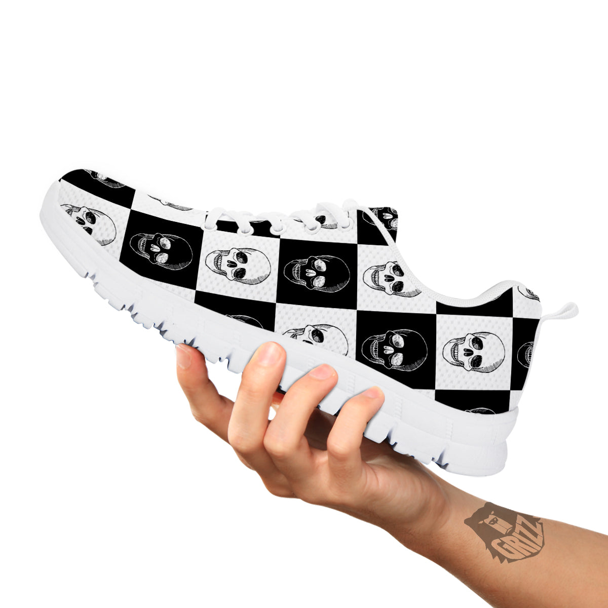 Skull Checkered Print Pattern White Sneaker-grizzshop