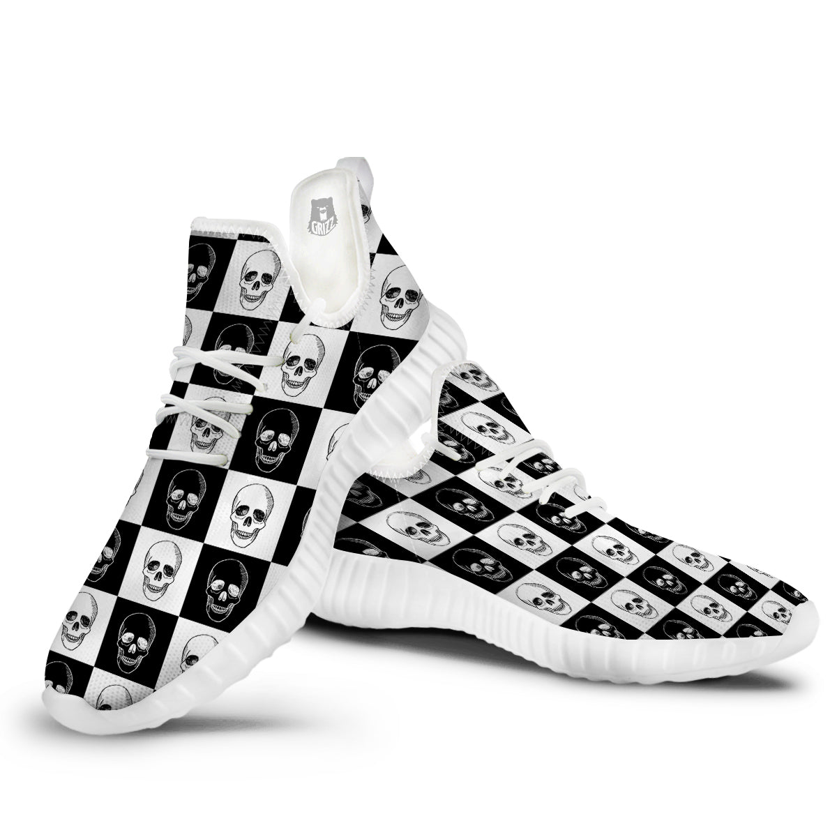 Skull Checkered Print Pattern White Walking Shoes-grizzshop