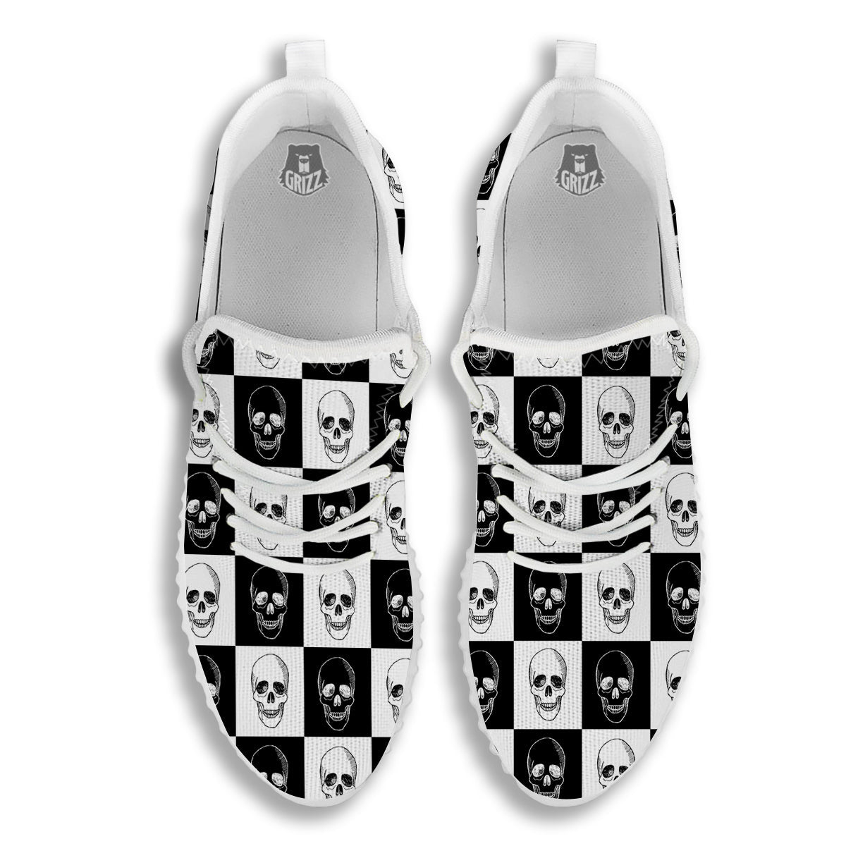 Skull Checkered Print Pattern White Walking Shoes-grizzshop