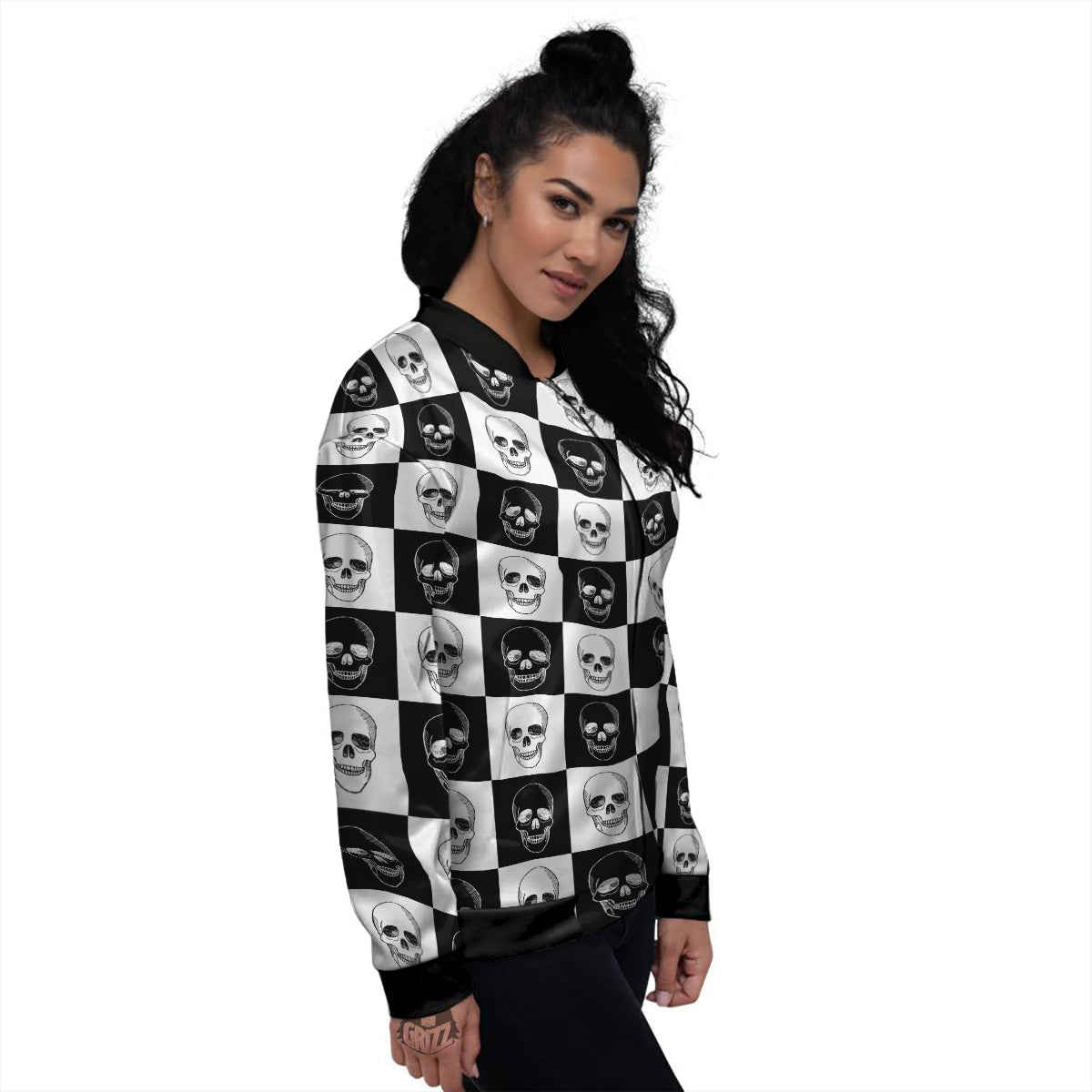 Skull Checkered Print Pattern Women's Bomber Jacket-grizzshop