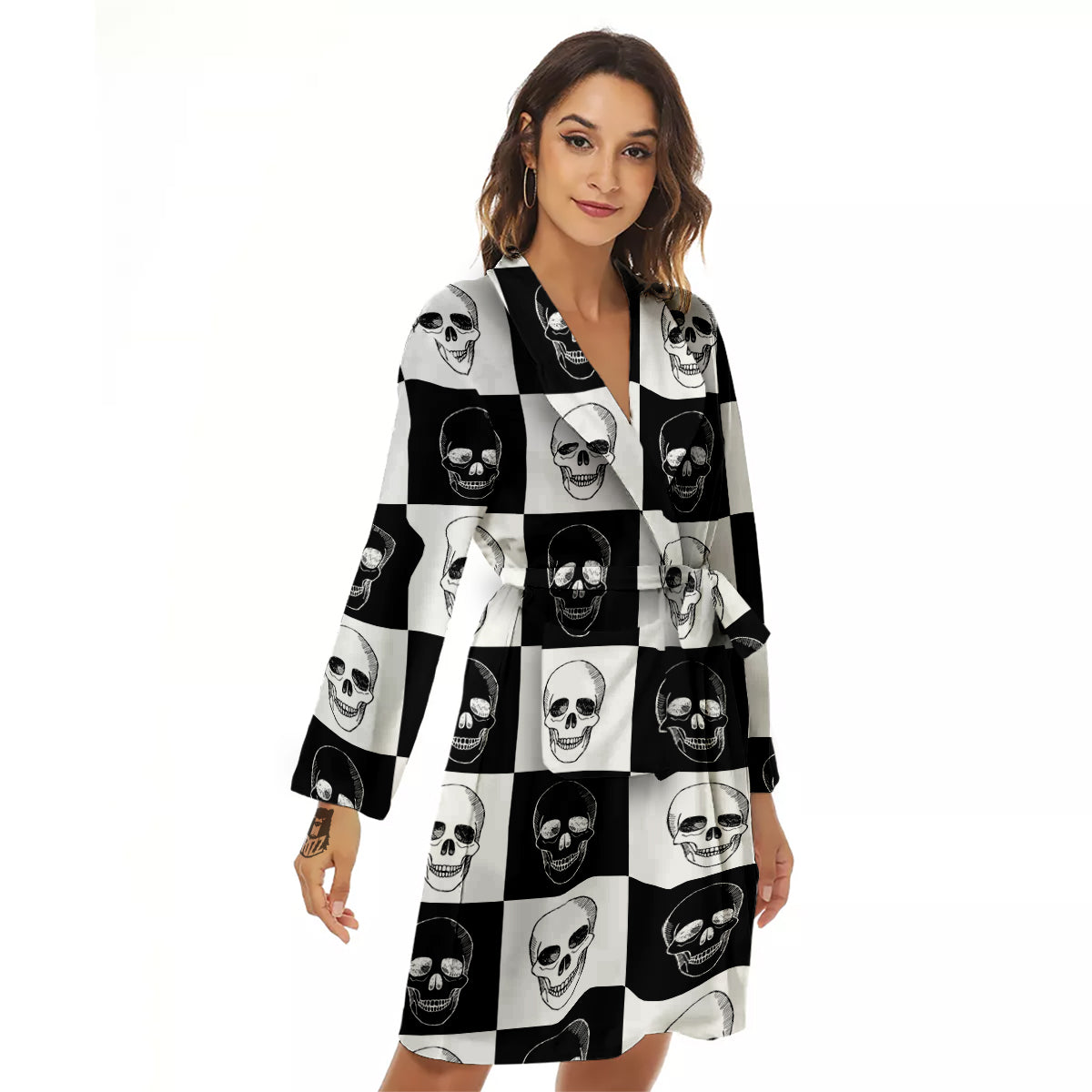 Skull Checkered Print Pattern Women's Robe-grizzshop