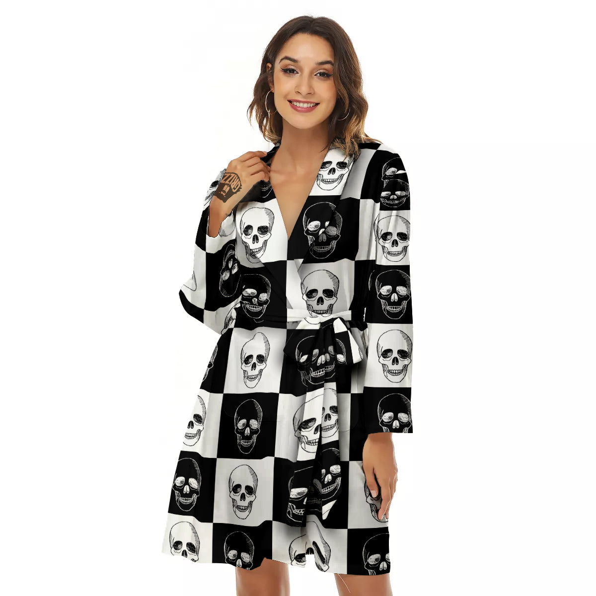 Skull Checkered Print Pattern Women's Robe-grizzshop