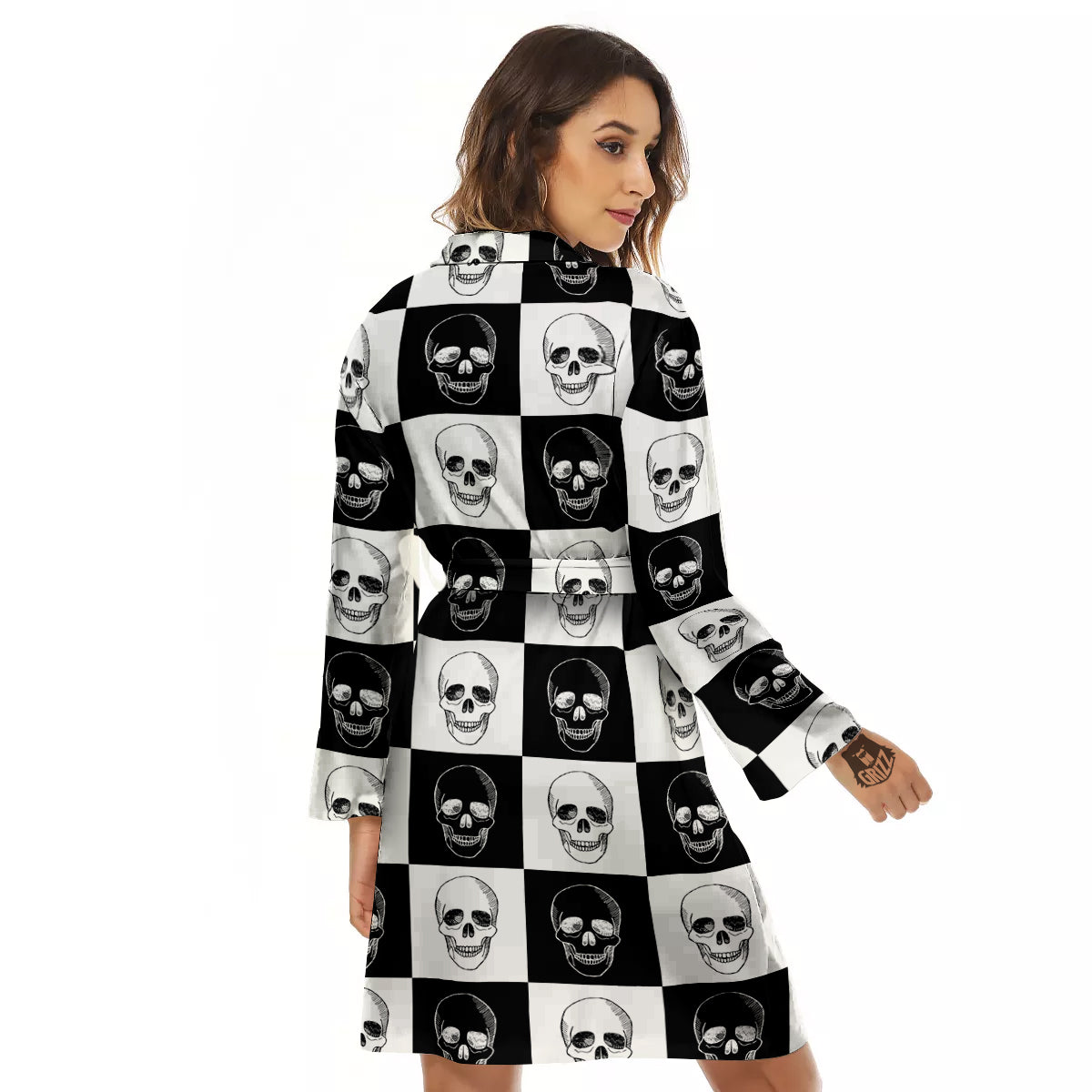 Skull Checkered Print Pattern Women's Robe-grizzshop