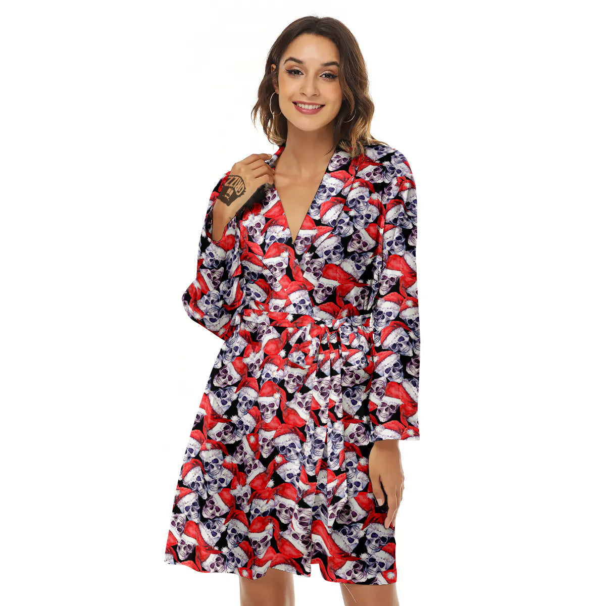 Skull Christmas Santa Print Pattern Women's Robe-grizzshop