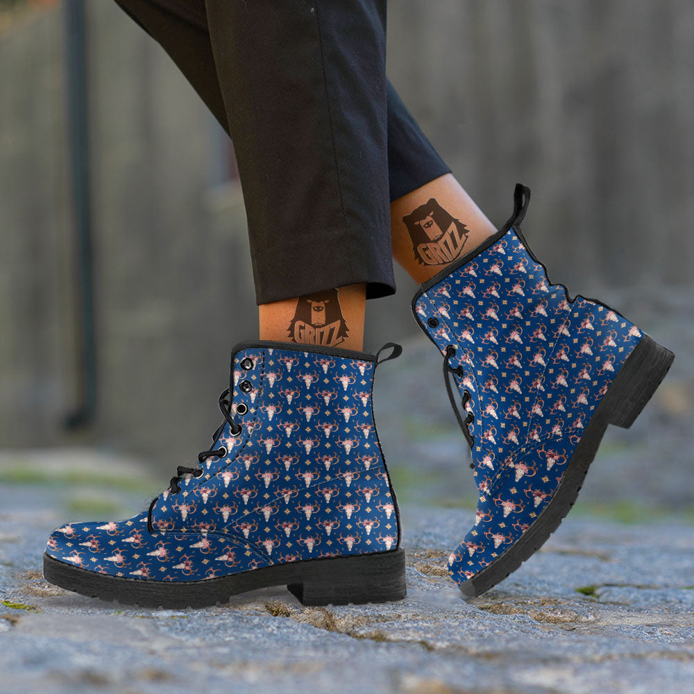 Skull Deer Boho Print Pattern Leather Boots-grizzshop
