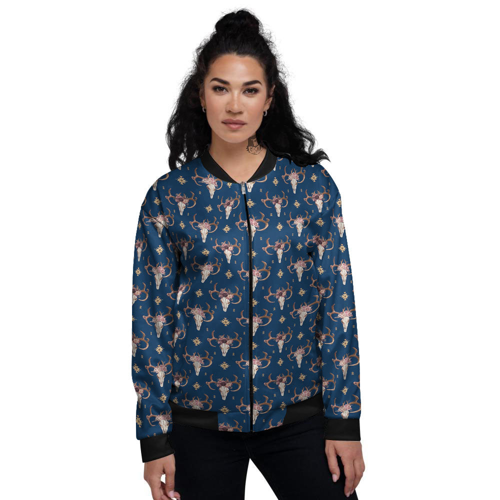 Skull Deer Boho Print Pattern Women's Bomber Jacket-grizzshop