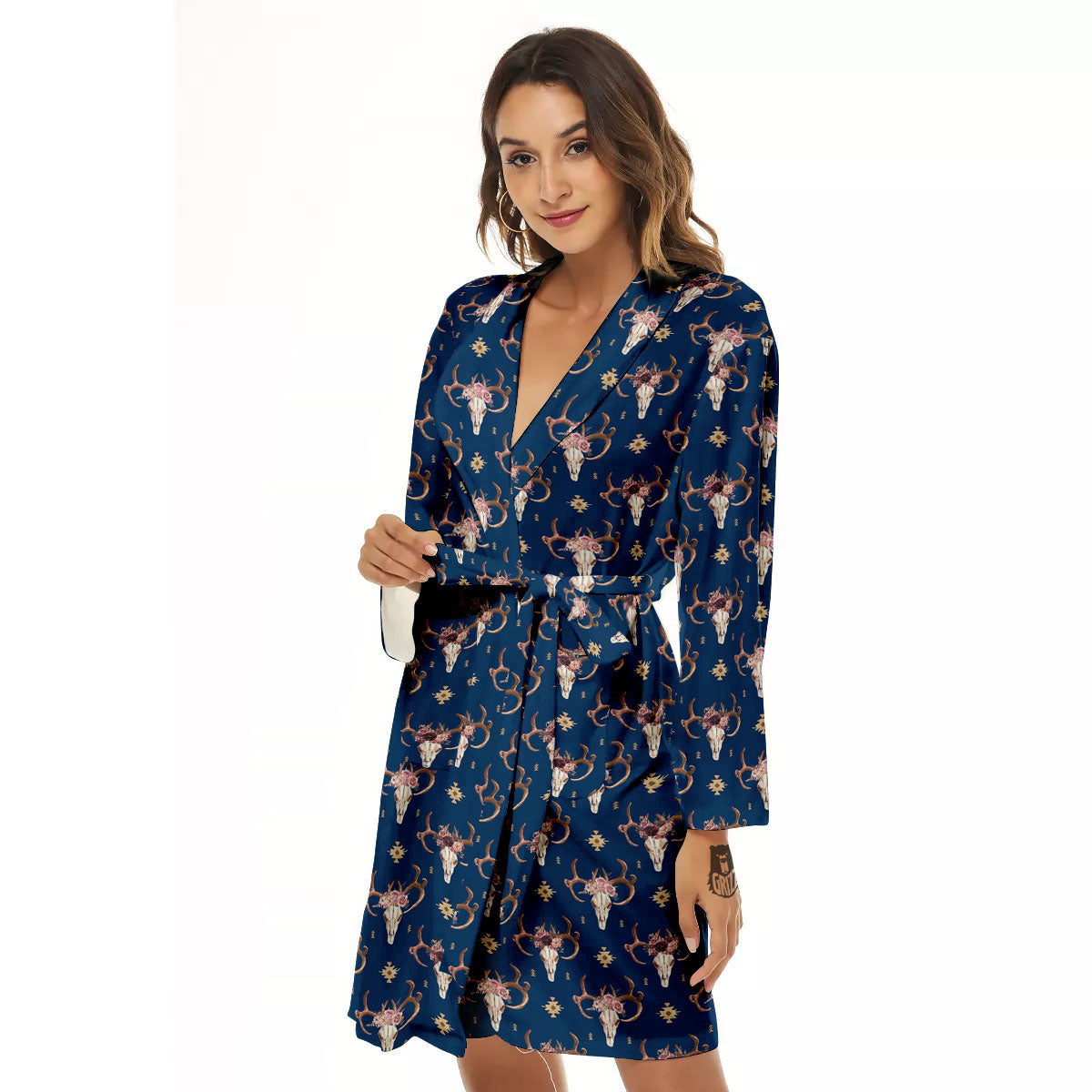 Skull Deer Boho Print Pattern Women's Robe-grizzshop