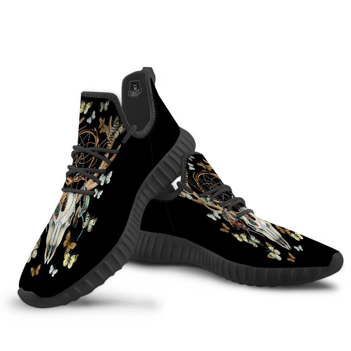 Skull Dreamcatcher Deer Print Black Walking Shoes-grizzshop