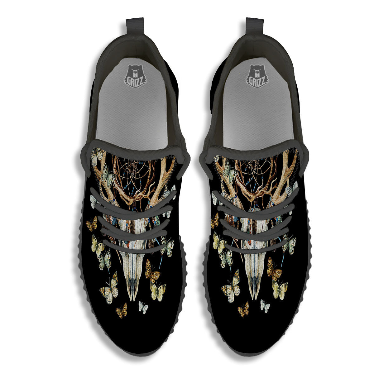 Skull Dreamcatcher Deer Print Black Walking Shoes-grizzshop