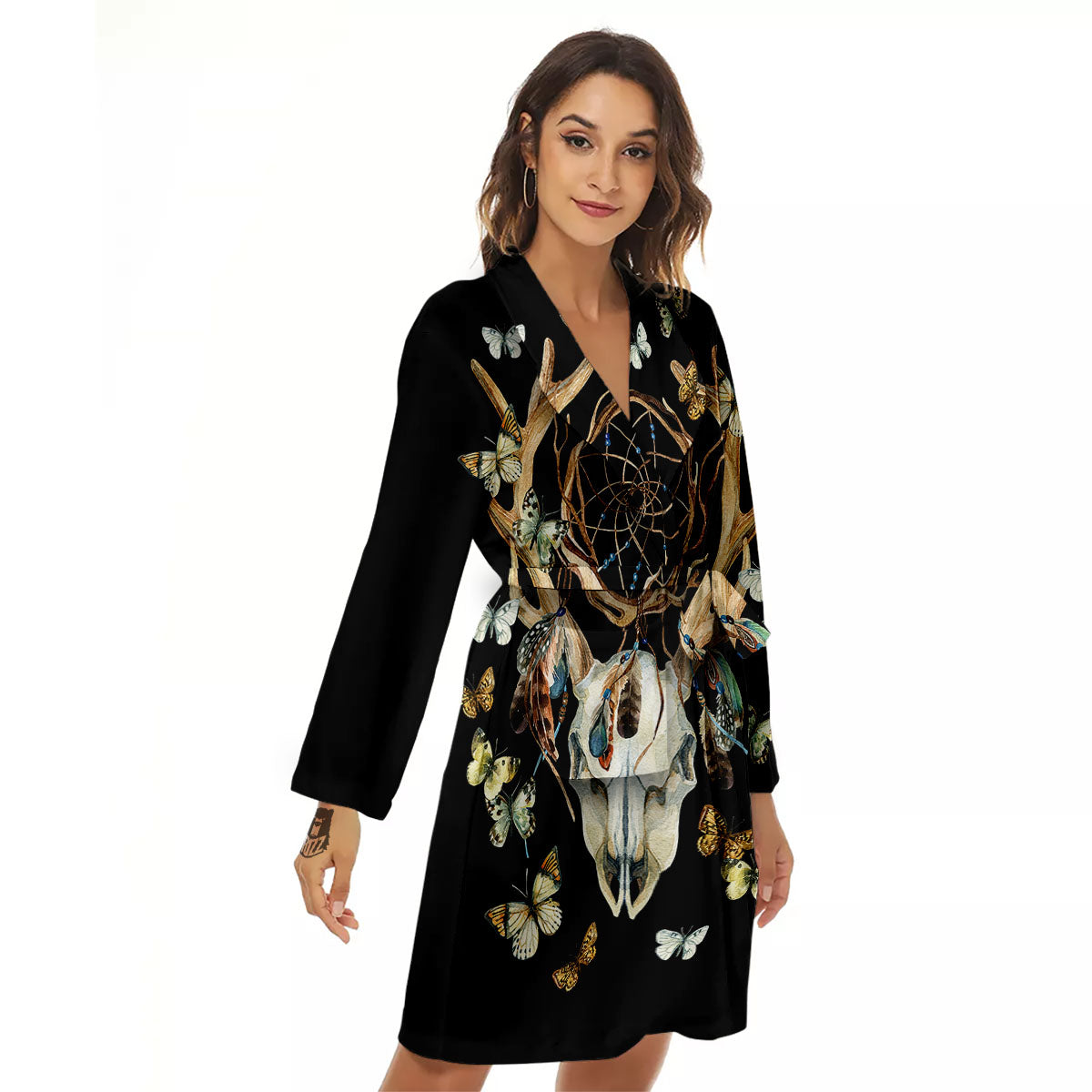Skull Dreamcatcher Deer Print Women's Robe-grizzshop