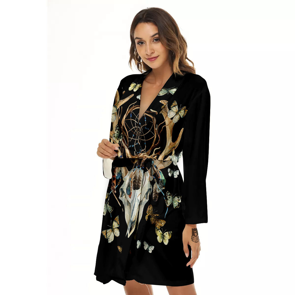 Skull Dreamcatcher Deer Print Women's Robe-grizzshop