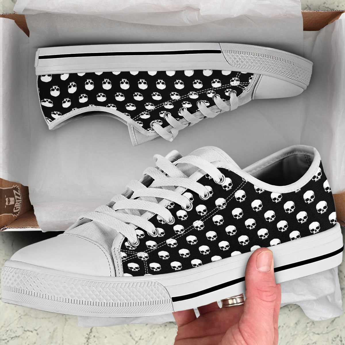 Skull Emo Print Pattern White Low Top Shoes-grizzshop