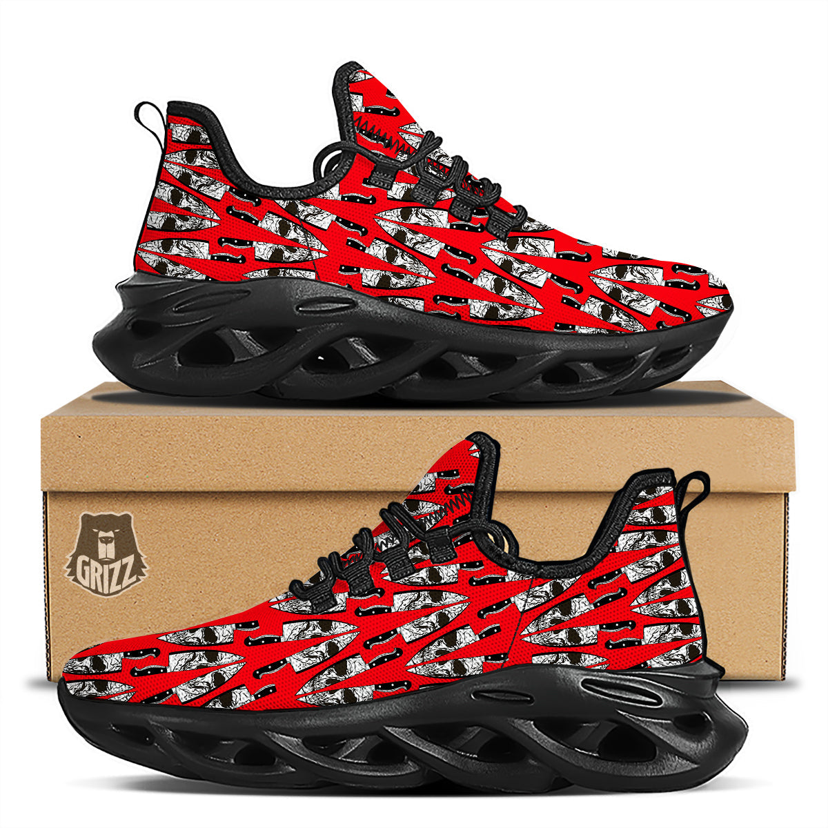 Skull Face Reflection Knife Print Pattern Black Running Shoes-grizzshop