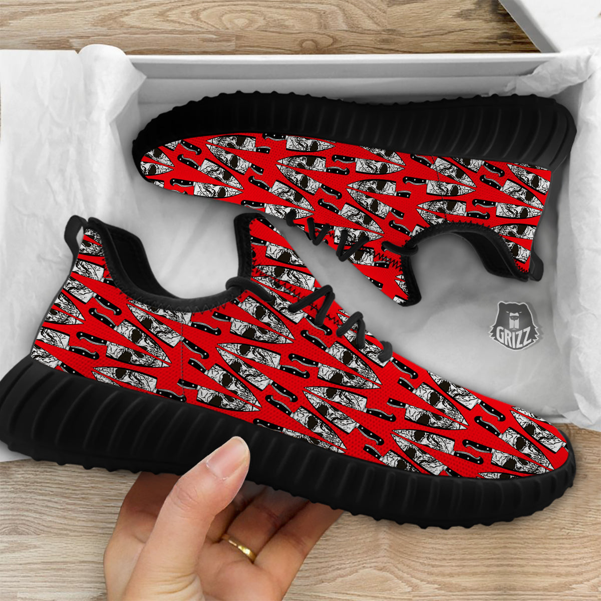 Skull Face Reflection Knife Print Pattern Black Walking Shoes-grizzshop