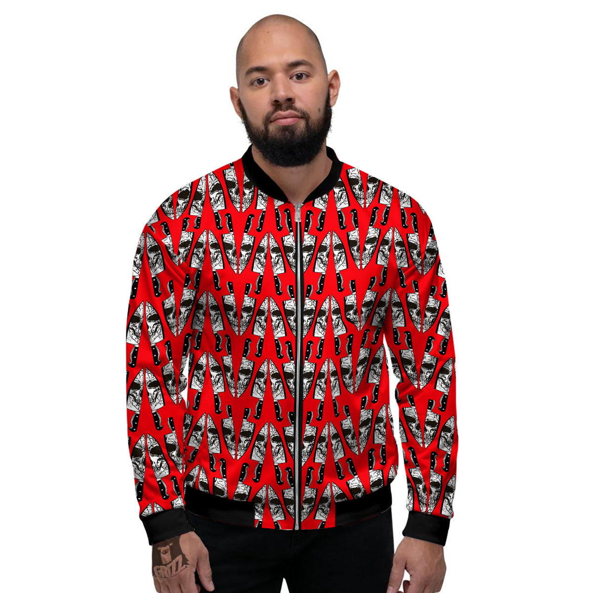 Skull Face Reflection Knife Print Pattern Men's Bomber Jacket-grizzshop