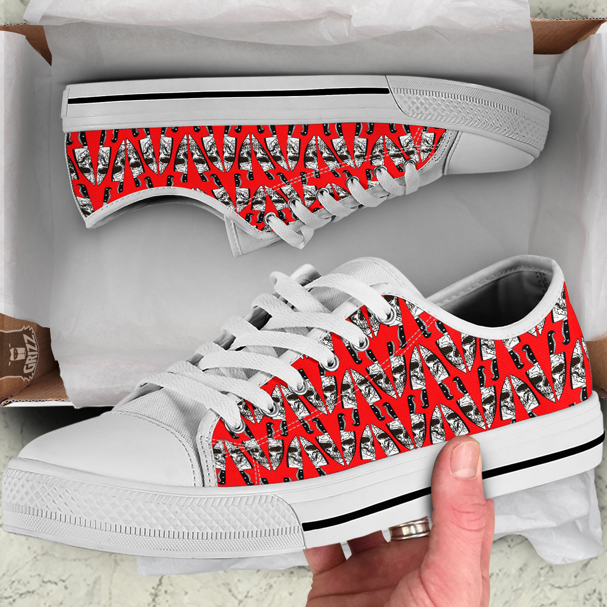 Skull Face Reflection Knife Print Pattern White Low Top Shoes-grizzshop