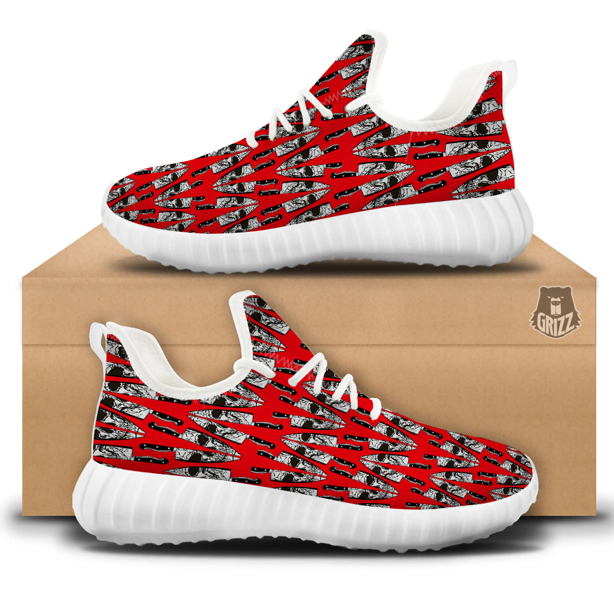 Skull Face Reflection Knife Print Pattern White Walking Shoes-grizzshop