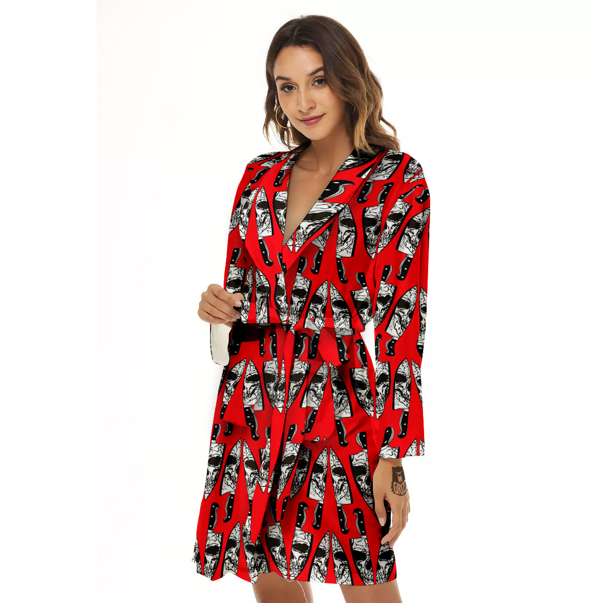 Skull Face Reflection Knife Print Pattern Women's Robe-grizzshop