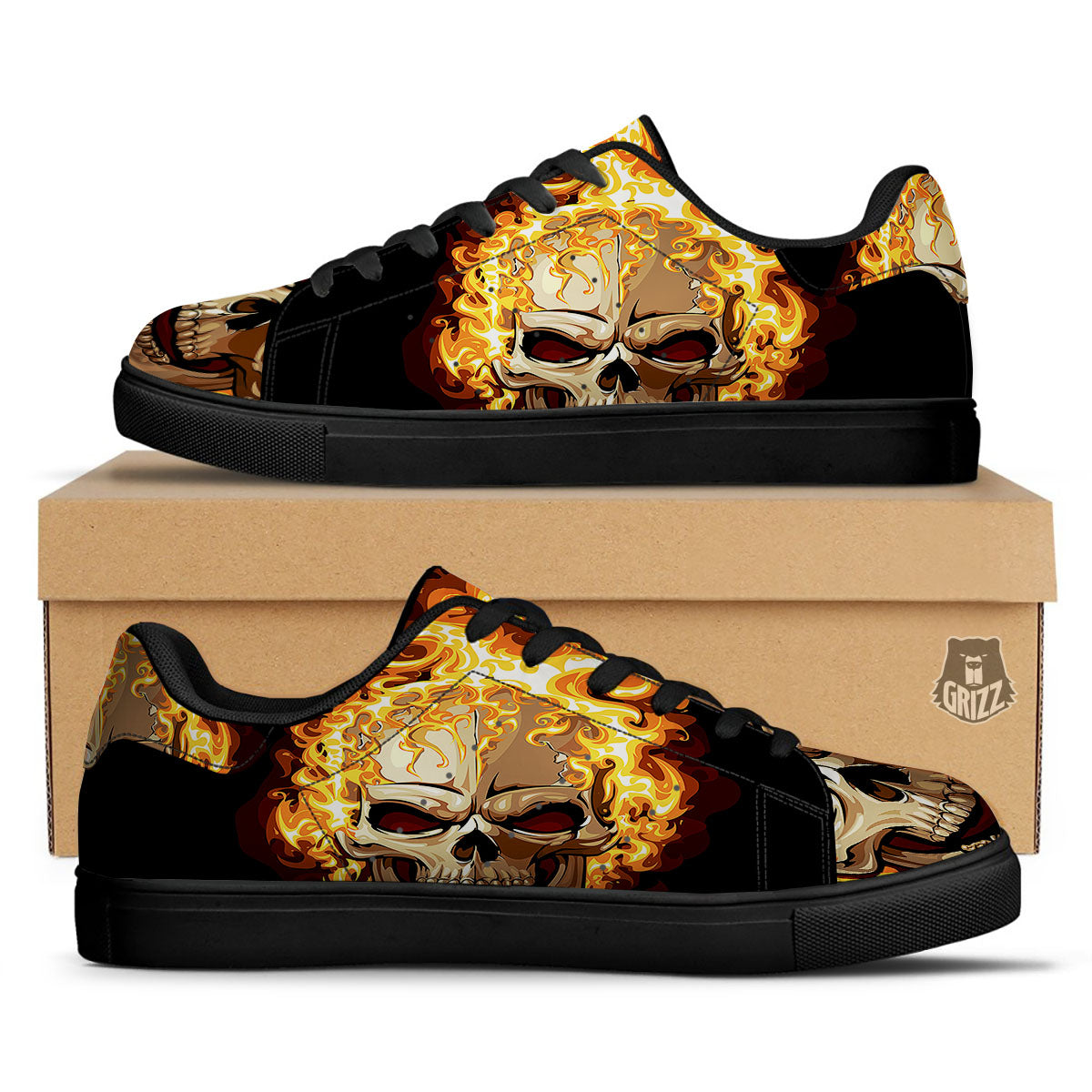 Skull Fire Print Black Low Top Sneakers-grizzshop