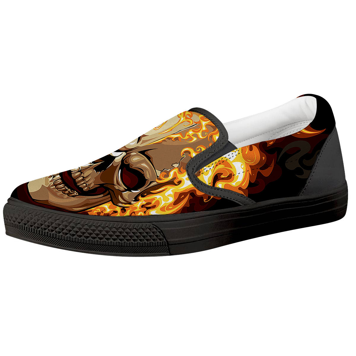 Skull Fire Print Black Slip On Shoes-grizzshop