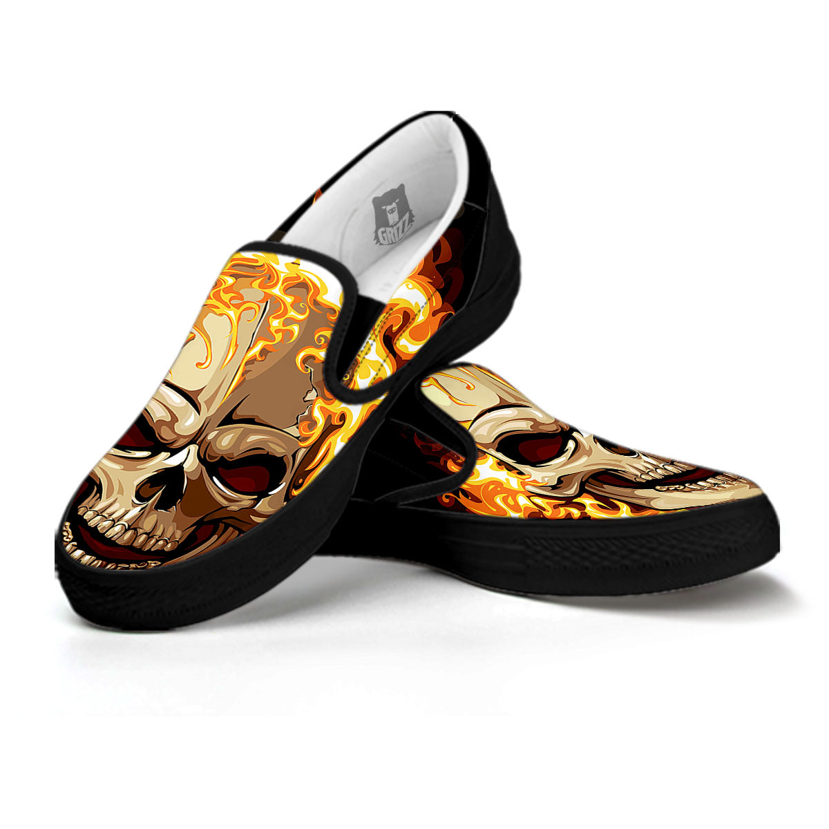 Skull Fire Print Black Slip On Shoes-grizzshop