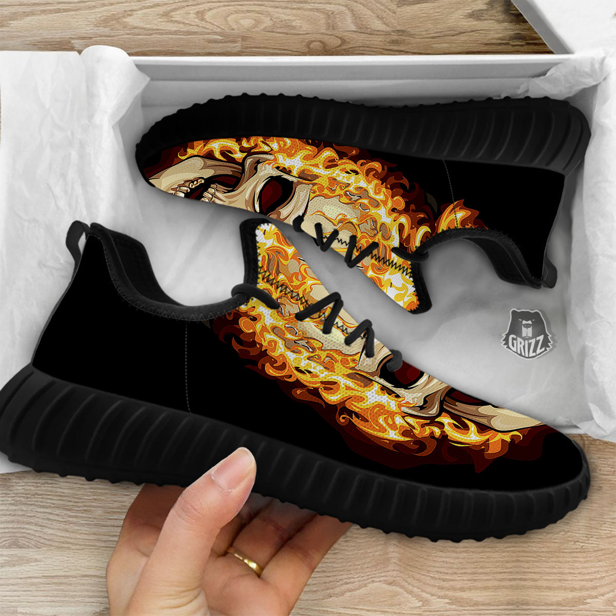 Skull Fire Print Black Walking Shoes-grizzshop