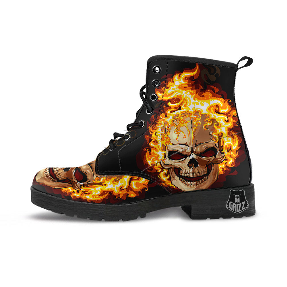 Skull Fire Print Leather Boots-grizzshop