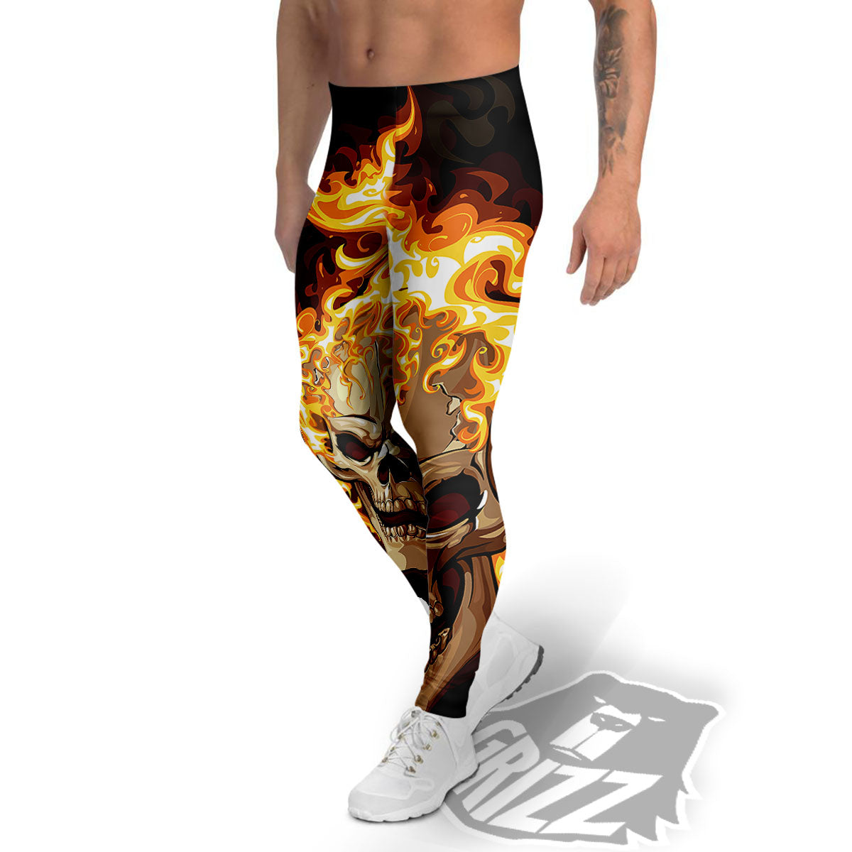 Skull Fire Print Men's Leggings-grizzshop