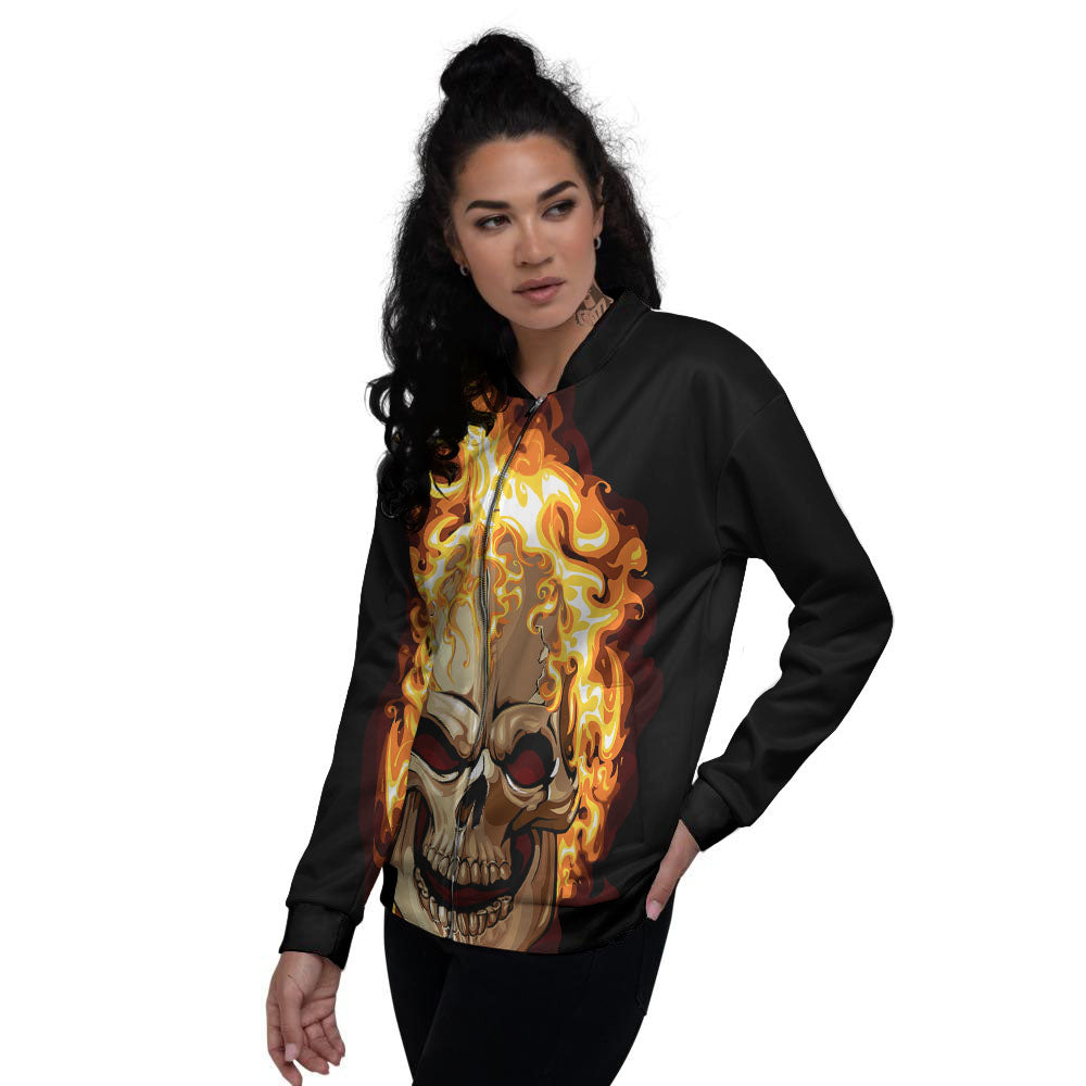 Skull Fire Print Women's Bomber Jacket-grizzshop