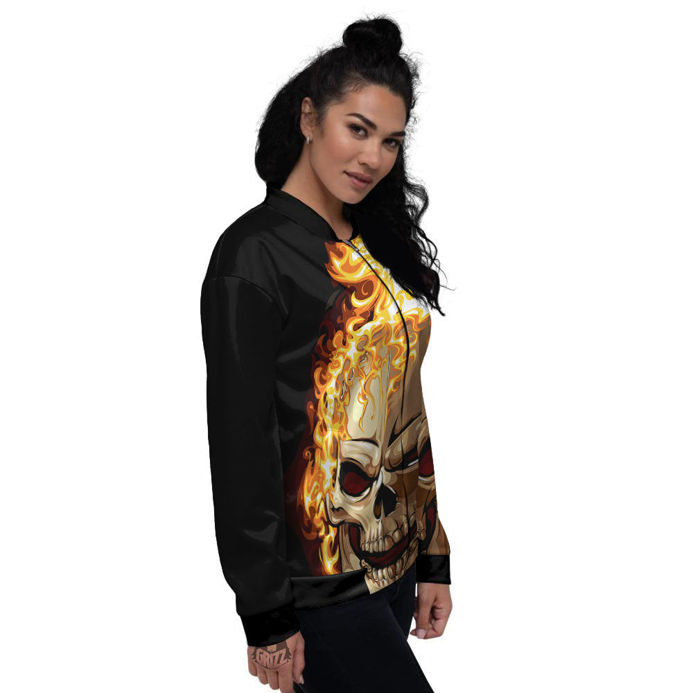 Skull Fire Print Women's Bomber Jacket-grizzshop