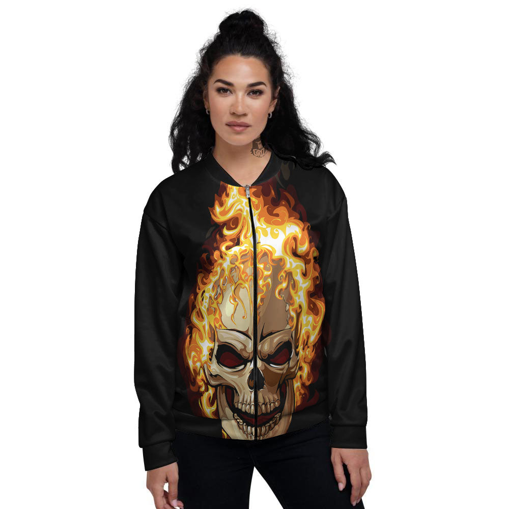 Skull Fire Print Women's Bomber Jacket-grizzshop