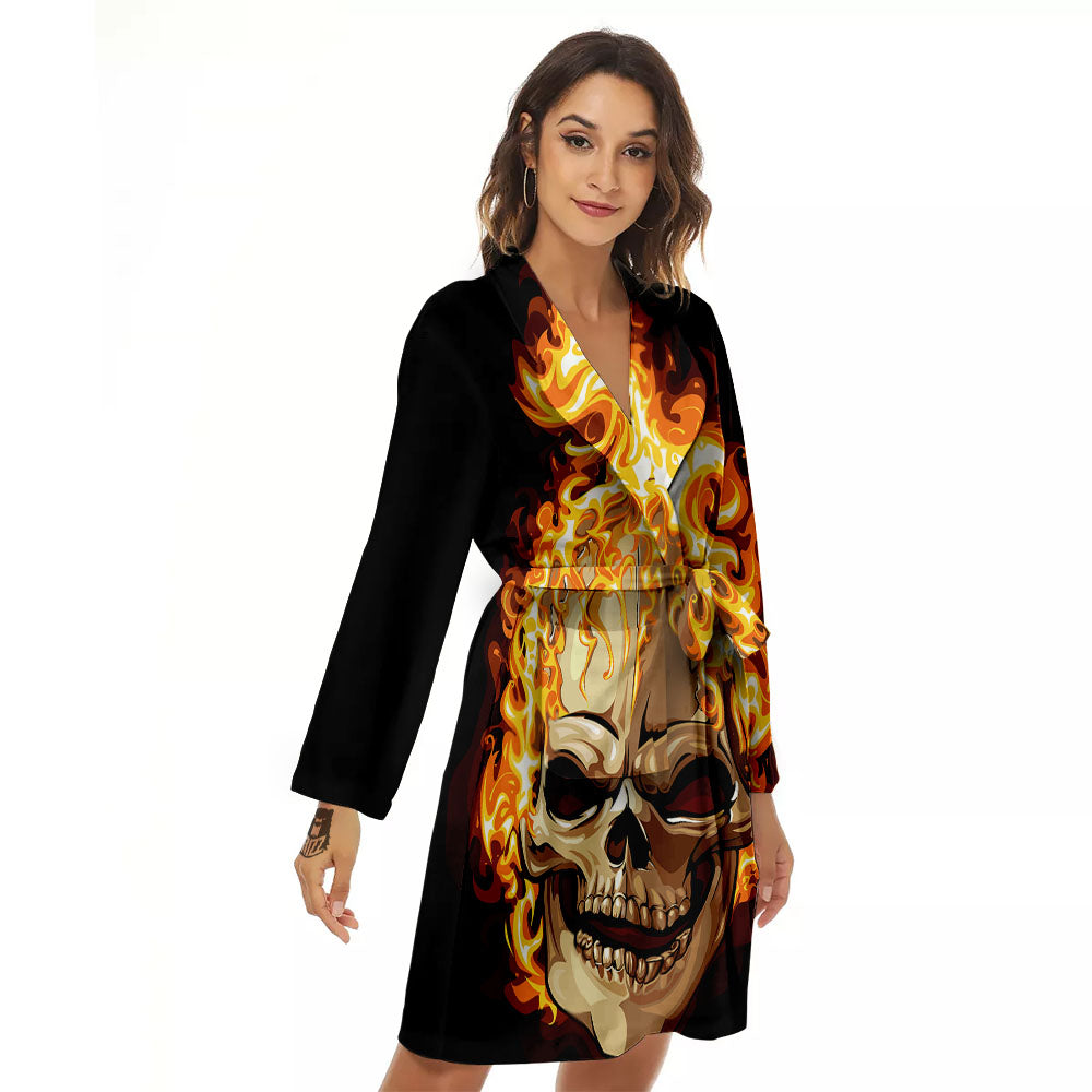 Skull Fire Print Women's Robe-grizzshop