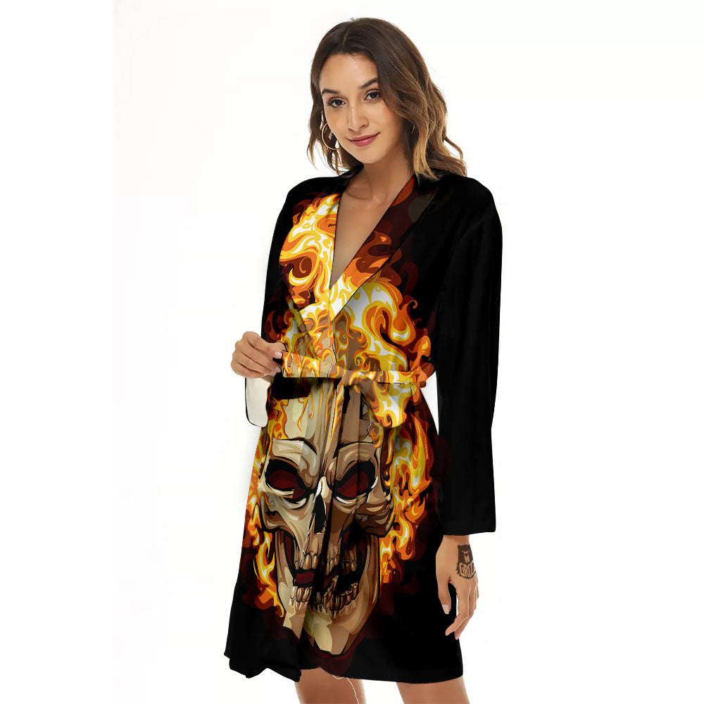 Skull Fire Print Women's Robe-grizzshop