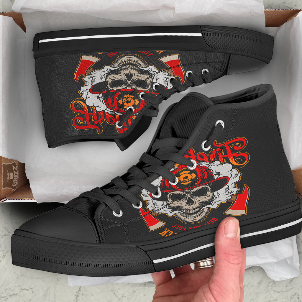 Skull Firefighter Department Print Black High Top Shoes-grizzshop