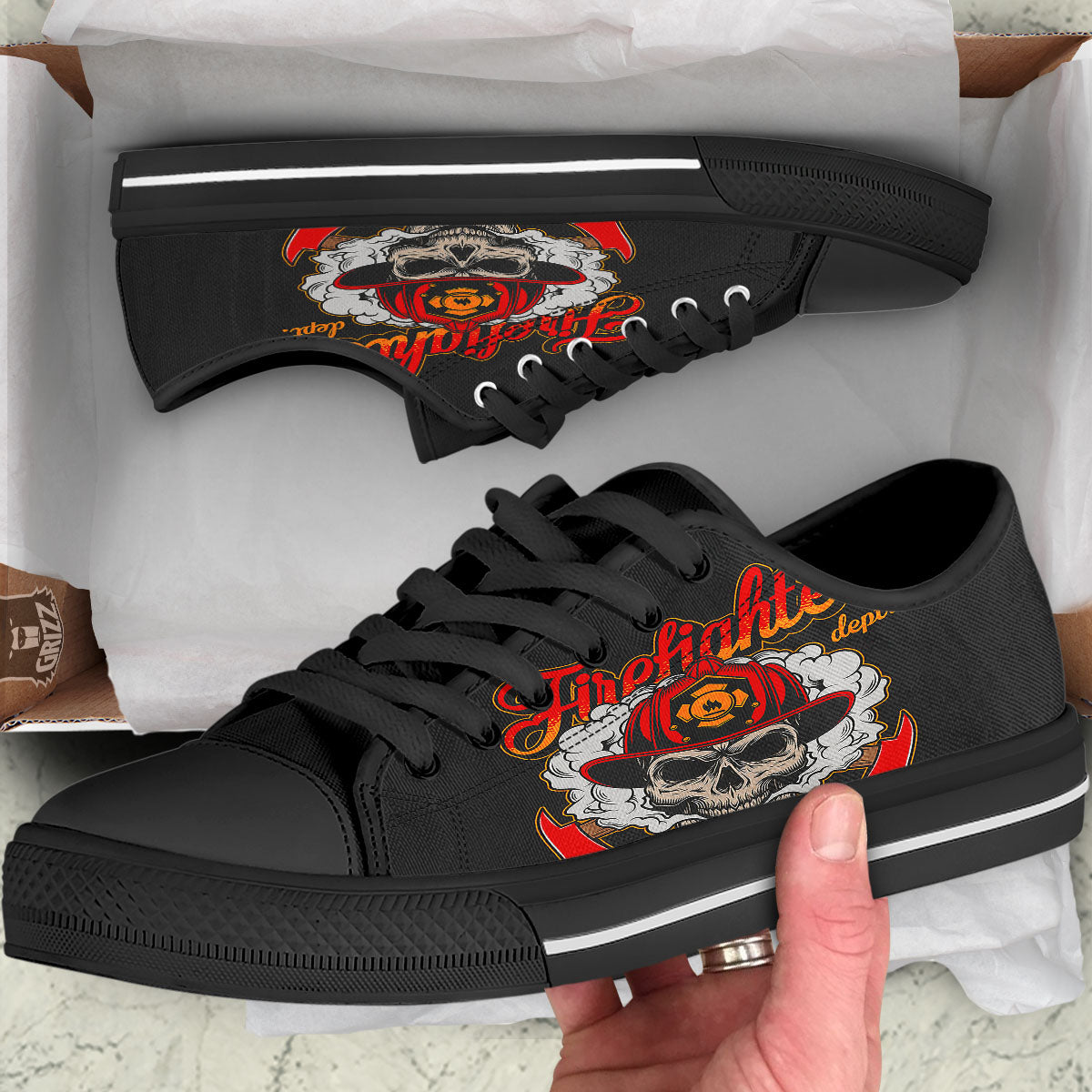 Skull Firefighter Department Print Black Low Top Shoes-grizzshop