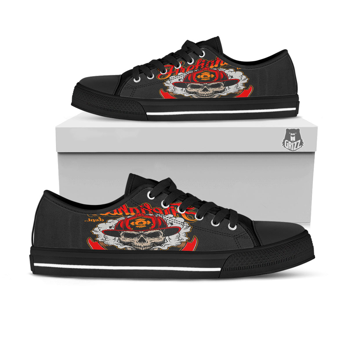 Skull Firefighter Department Print Black Low Top Shoes-grizzshop