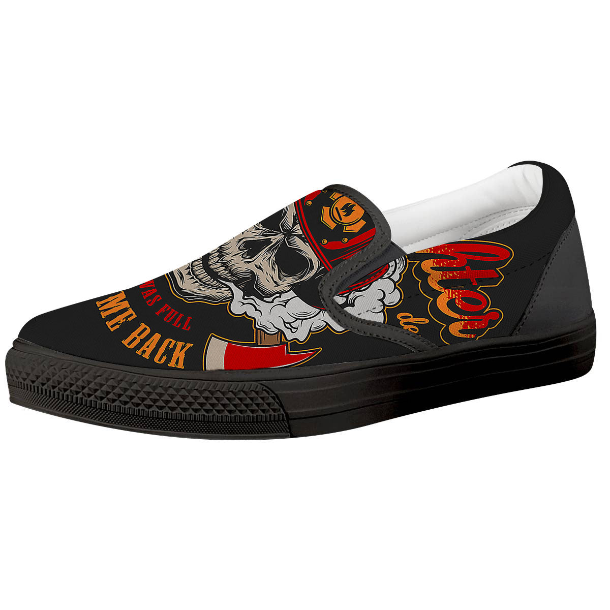 Skull Firefighter Department Print Black Slip On Shoes-grizzshop