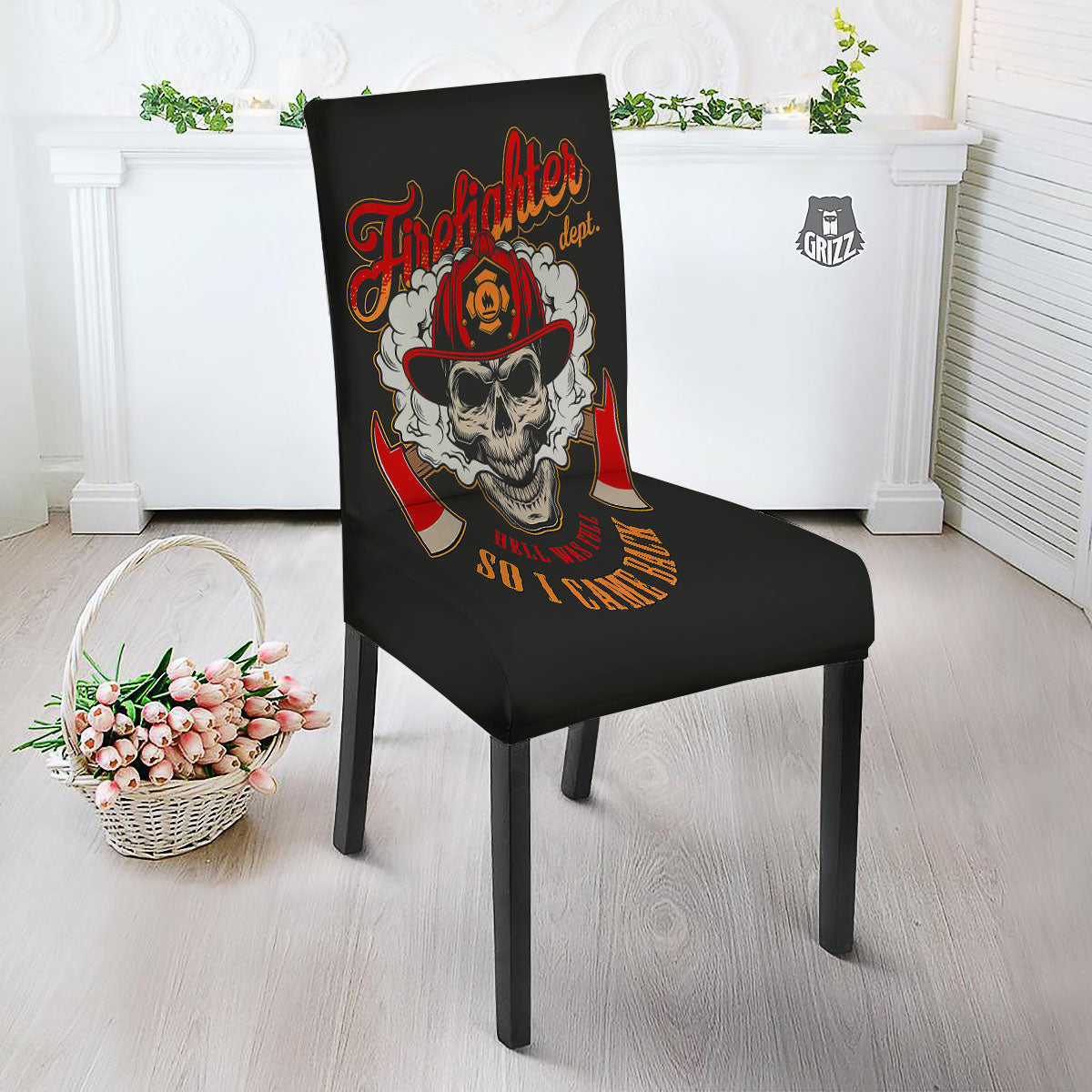 Skull Firefighter Department Print Dining Chair Slipcover-grizzshop