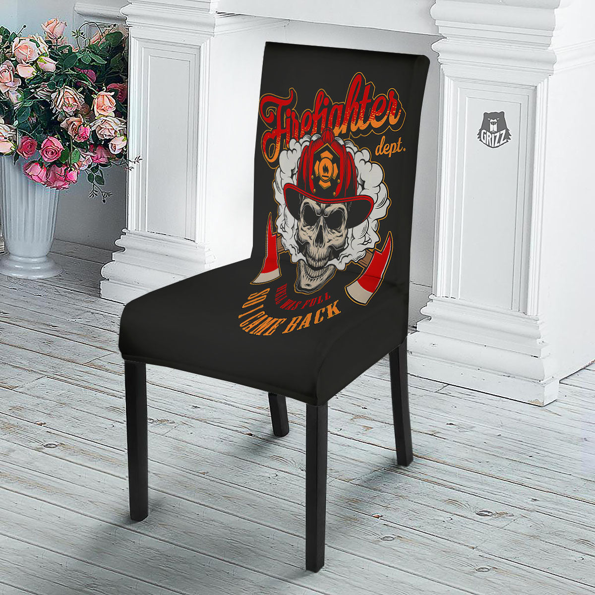 Skull Firefighter Department Print Dining Chair Slipcover-grizzshop