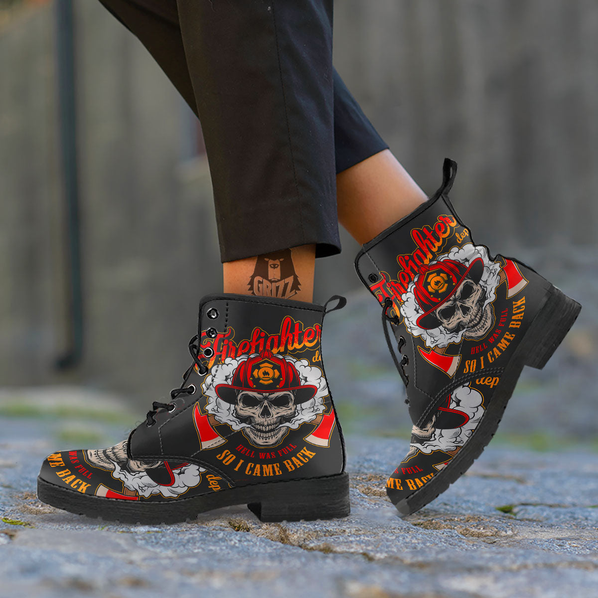 Skull Firefighter Department Print Leather Boots-grizzshop
