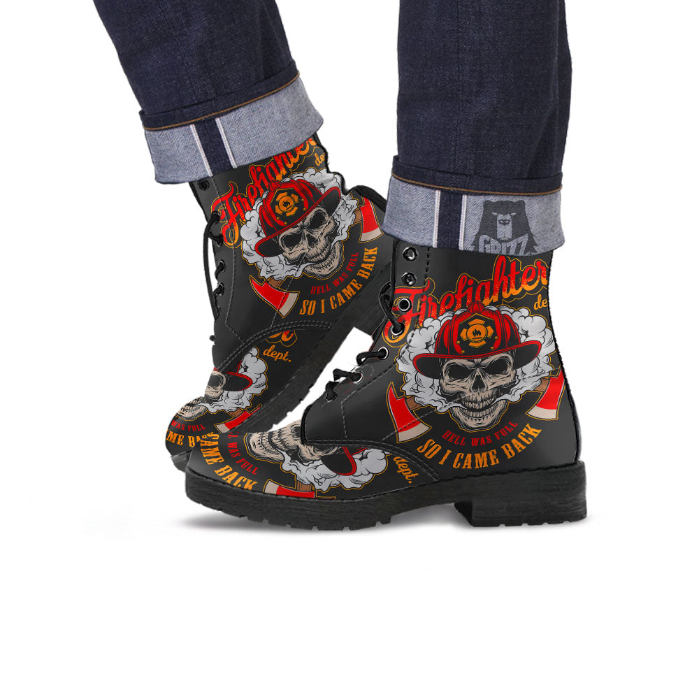Skull Firefighter Department Print Leather Boots-grizzshop
