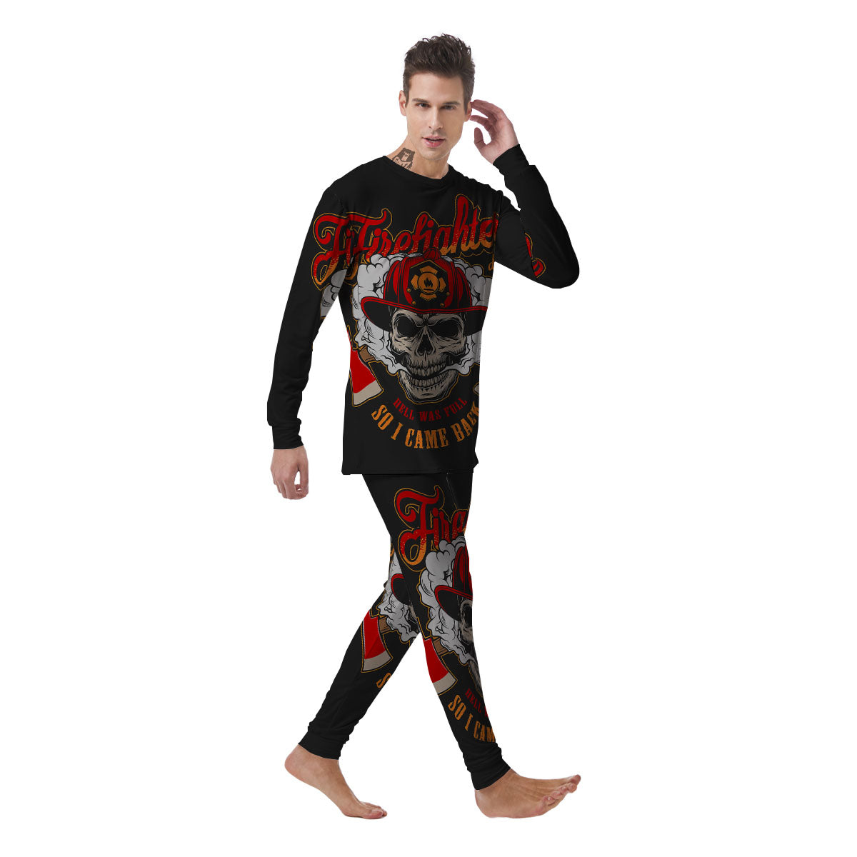 Skull Firefighter Department Print Men's Pajamas-grizzshop