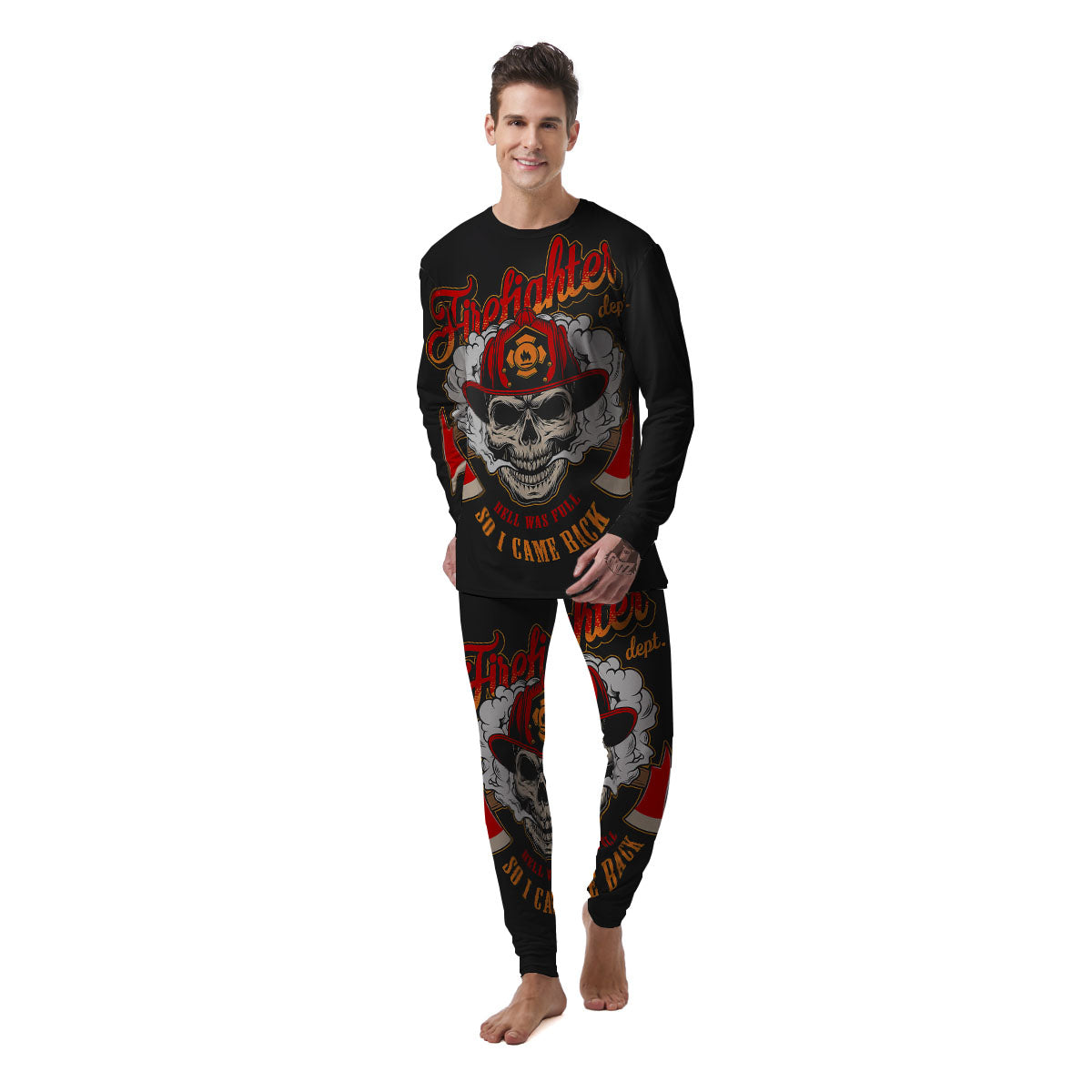 Skull Firefighter Department Print Men's Pajamas-grizzshop