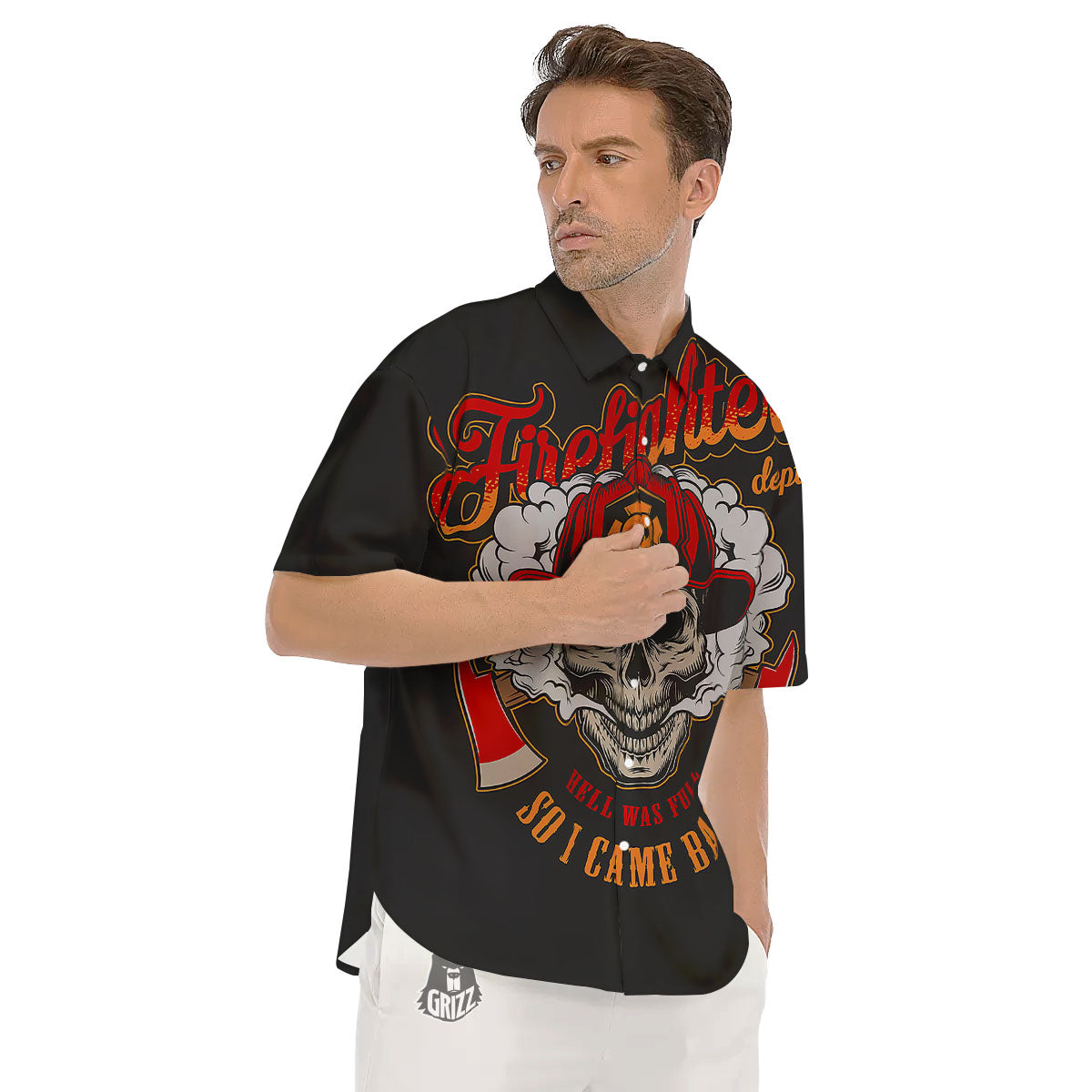 Skull Firefighter Department Print Men's Short Sleeve Shirts-grizzshop