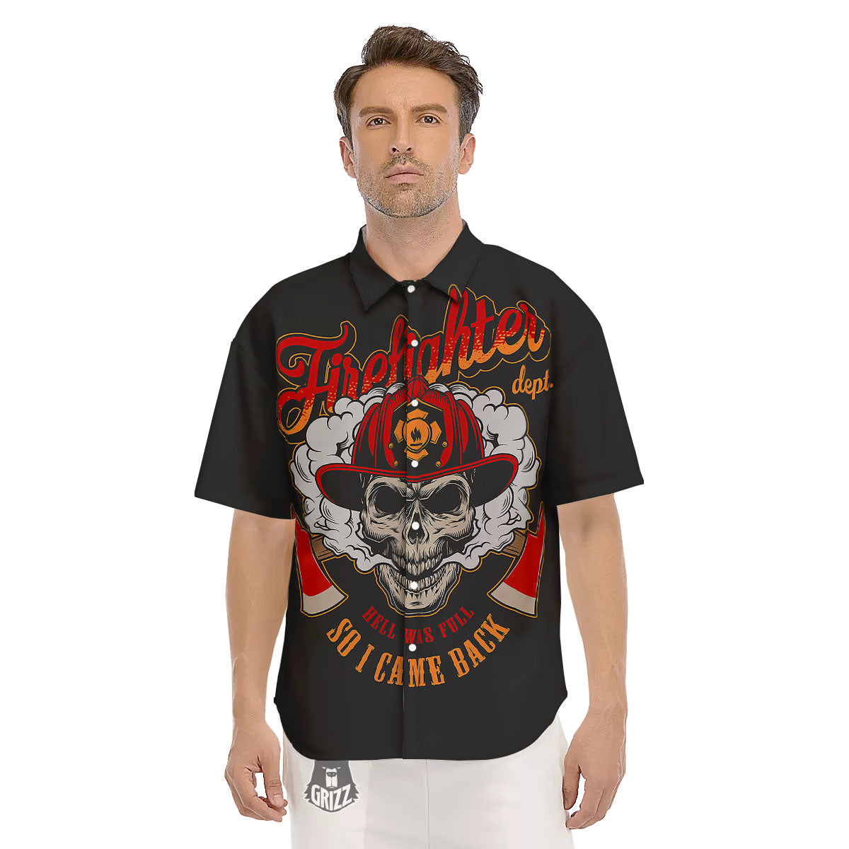 Skull Firefighter Department Print Men's Short Sleeve Shirts-grizzshop